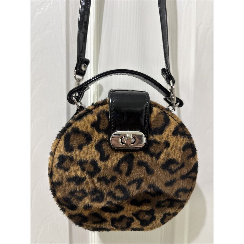 Faux Fur Leopard Round Purse Mini Barrel Bag Faux Patent Leather Black Crossbody
